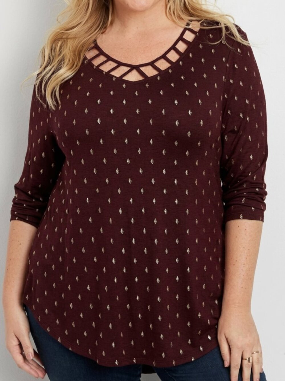 MAURICES 24/7 Patterned Tee Lattice V-Neckline Burgundy Maroon Red 3/4 Sleeve M